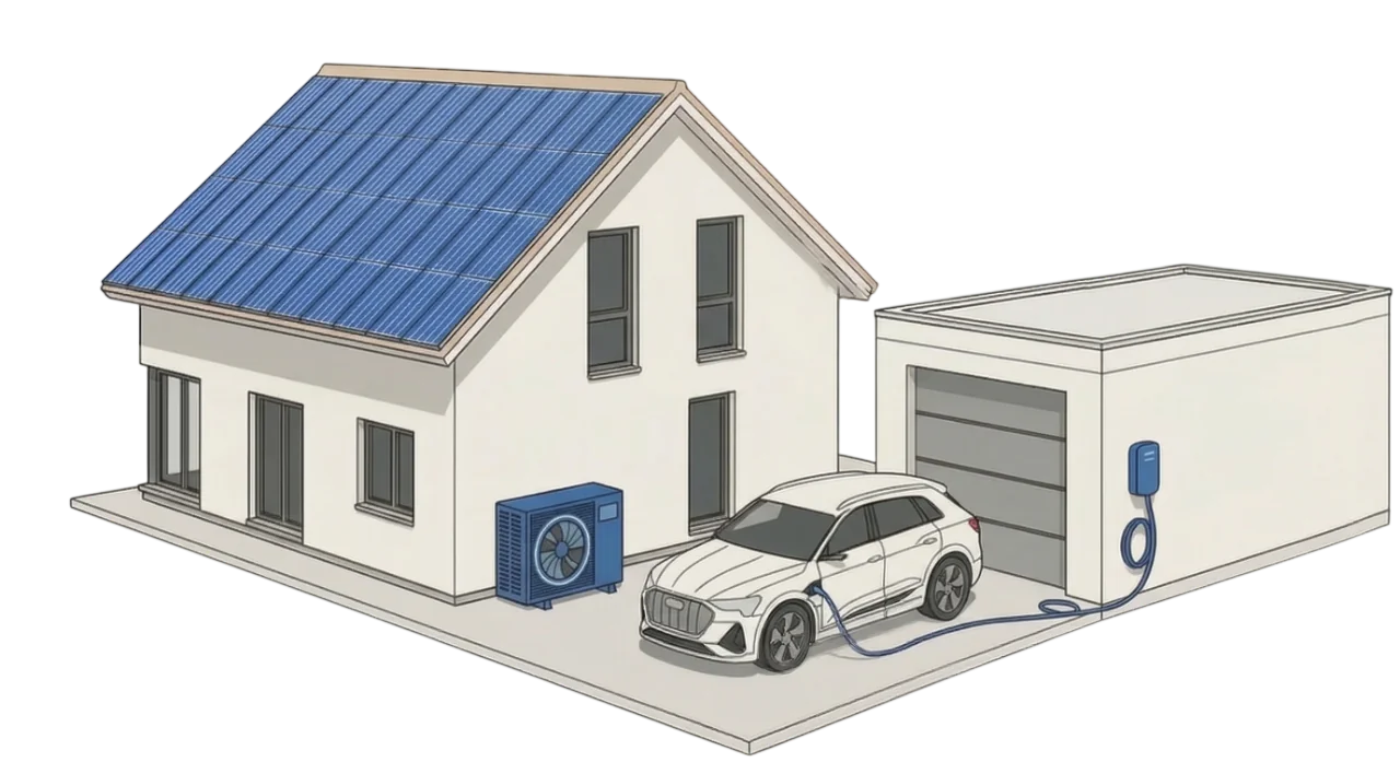 Haus mit Solaranlage, Wärmepumpe und Wallbox